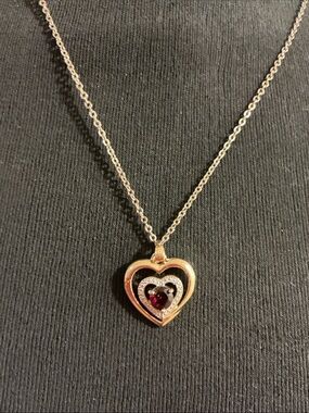 Gold Tone  Heart Pendant Necklace with Garnet Accent